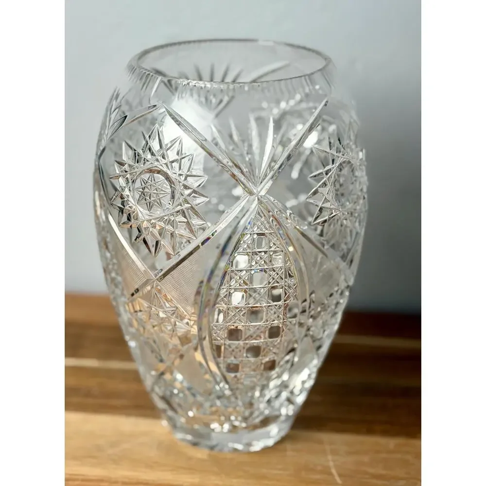 Vintage Hand Cut Crystal Vase, American Brilliant Hobstar Fan Pattern